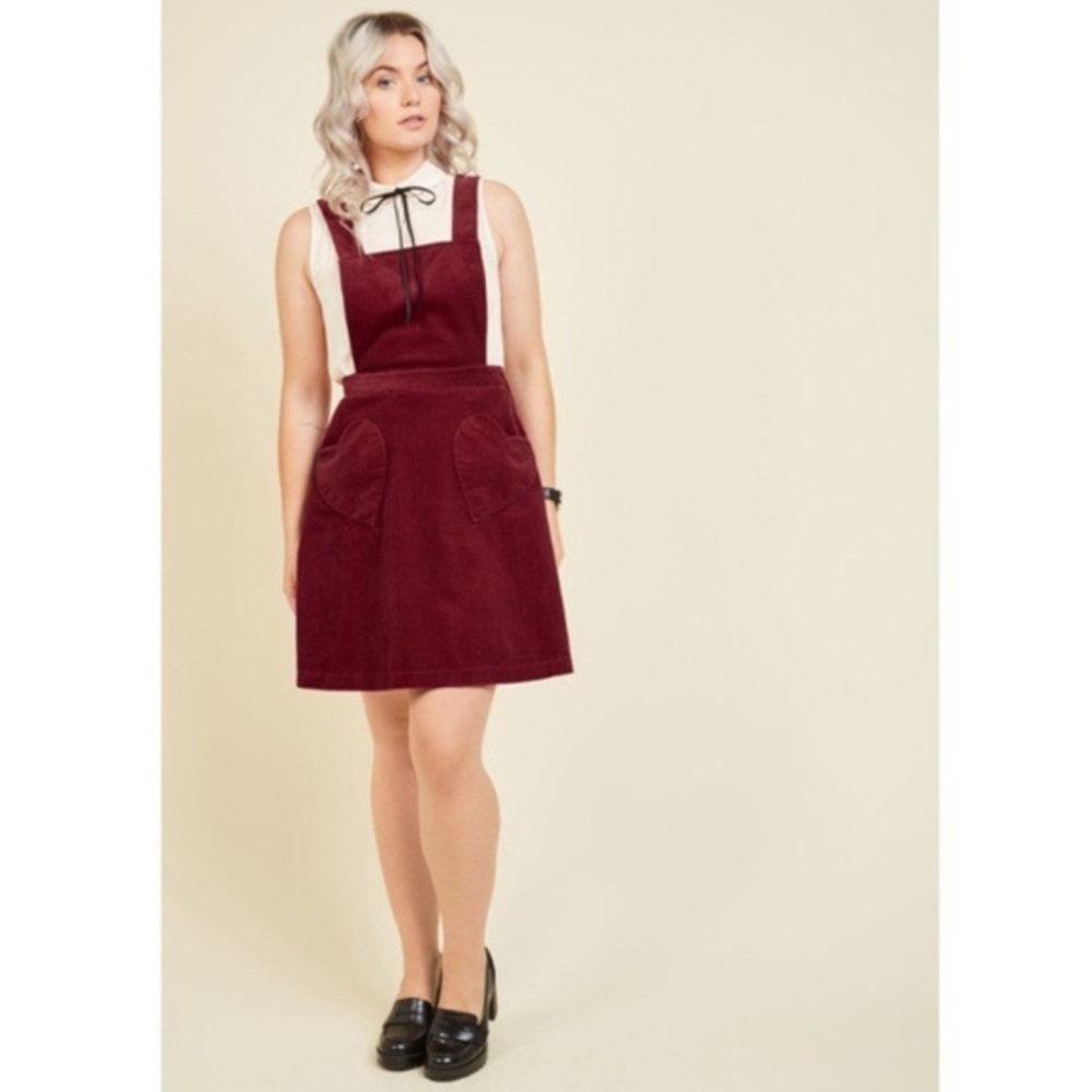 ModCloth red heart corduroy overalls skirt